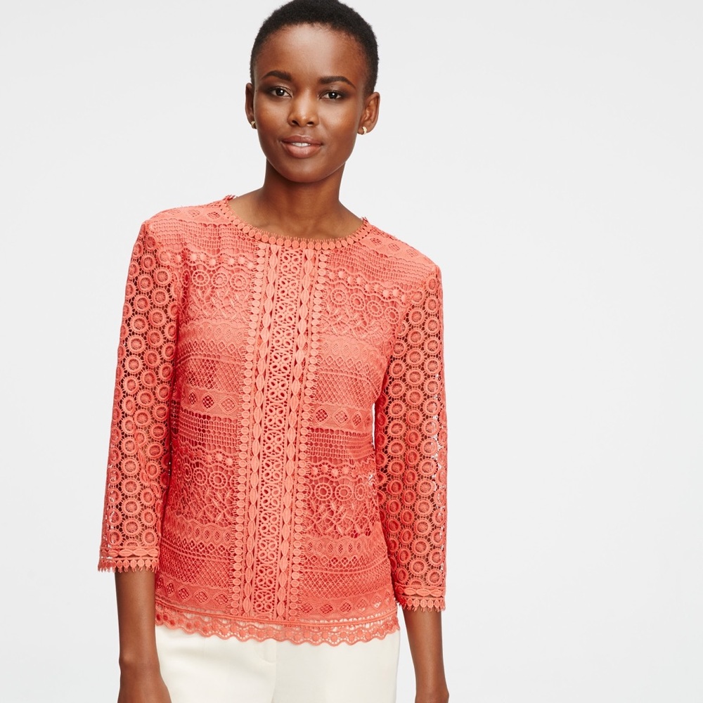 Ann Taylor Coral Lace Blouse M